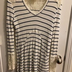 Bella Ella white sweater with black stripes and lace accents